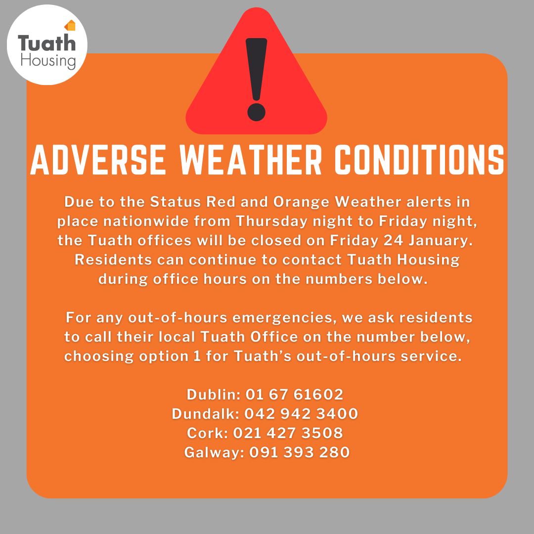 Tuath Housing – Response to Status Red and Orange Weather alerts 23-24 January