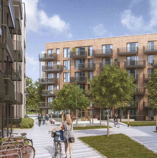 exterior CGI of cars, road, people and greenery in front of apartment blocks