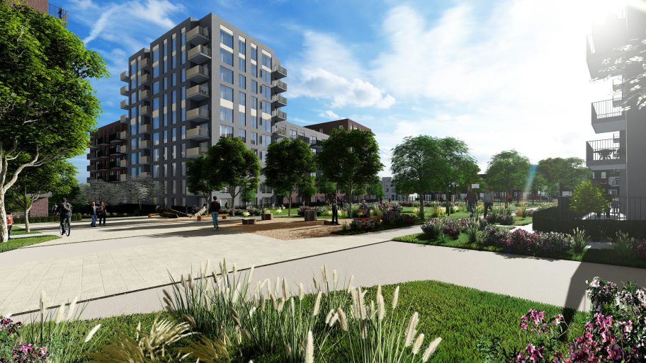 exterior view of apartment block CGI which shows landscaping and pathways outside