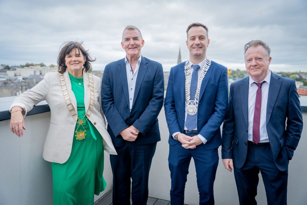 Left to right: Mayor of Drogheda Cllr Michelle Hall, Director on Tuath's Voluntary Board of Directors Gerry Flynn, Cathaoirleach Cllr Seán Kelly, Tuath Chief Executive Sean O'Connor standing on rooftop of Friary Place