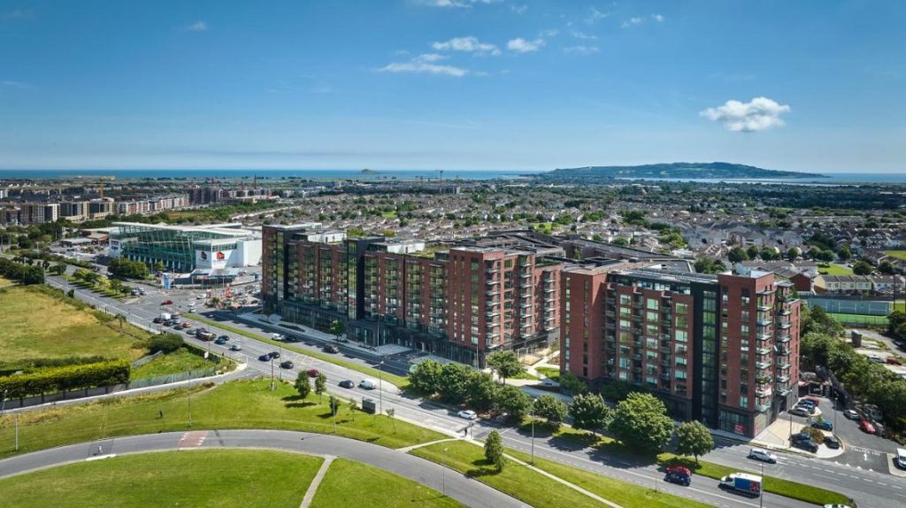 drone footage of outside of De Verdon Place apartment block
