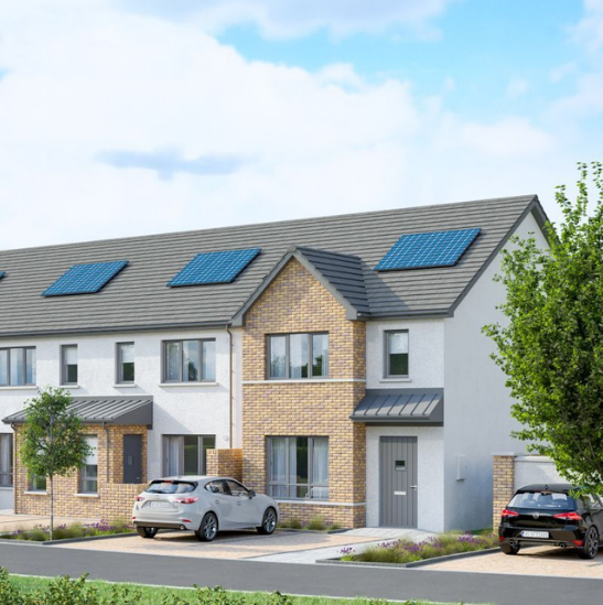 exterior CGI of row of houses with greenery, cars, front drives