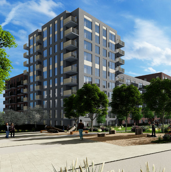 exterior view of apartment block CGI which shows landscaping and pathways outside