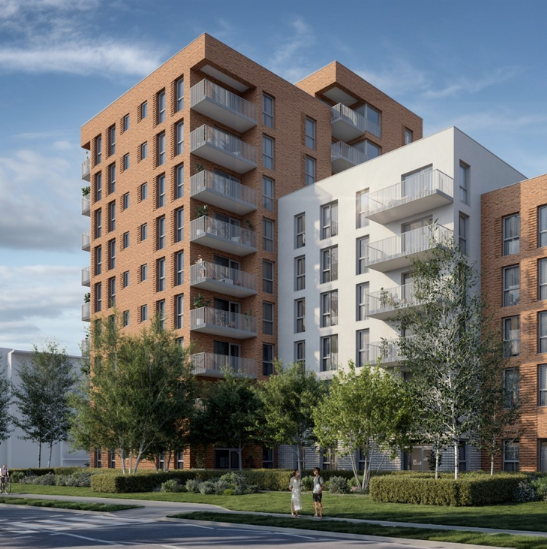 exterior CGI of apartment block with greenery and roadway
