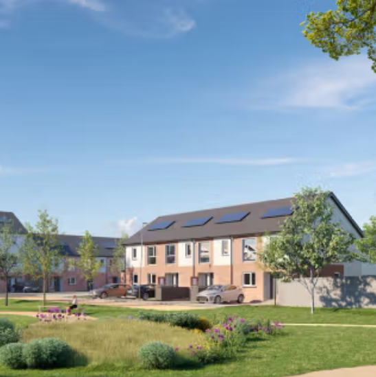 exterior CGI of row of houses, green space, roadway, pathway and cars