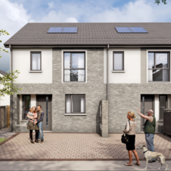 exterior CGI of row of houses with front patio/drive, people, dog and some greenery