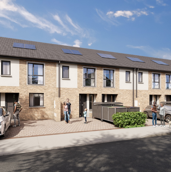 exterior CGI of row of houses with pathway, road, cars and people