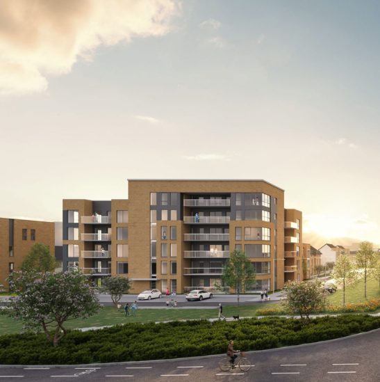 exterior CGI of apartment blocks, roadway, greenery and paths