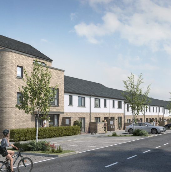 exterior CGI of Swiftbanks homes with person cycling, cars, parking spaces, greenery and road