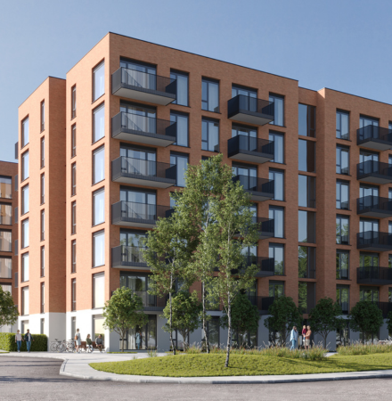 exterior view of apartment block CGI with planting and partially obscured road