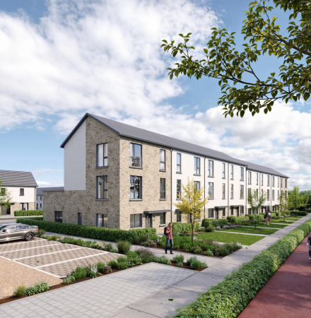 exterior CGI of row of duplex homes with pathways, parking spaces, people and landscaping