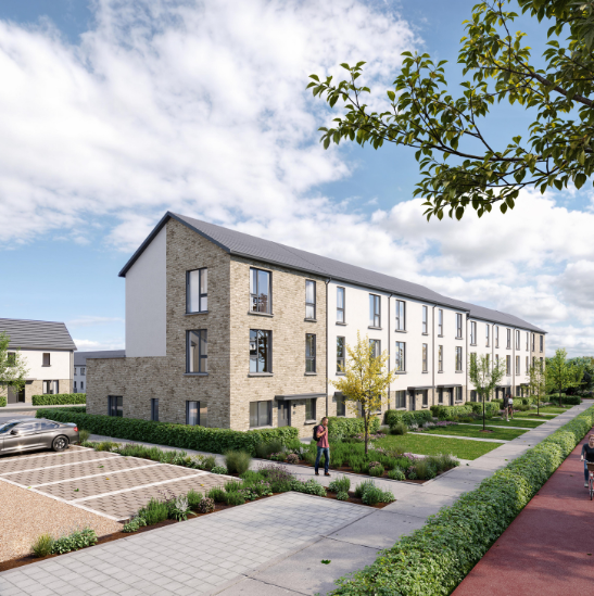 exterior CGI of duplex block with which shows landscaping and pathways outside