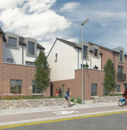 exterior CGI of people, bikes, cycle lane, roadway, walls and duplex apartments