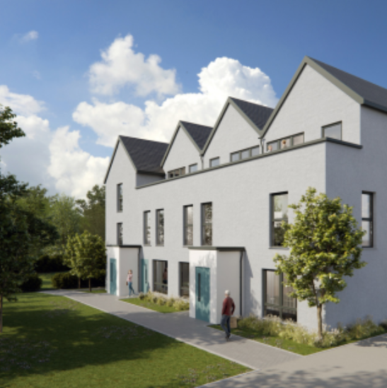 exterior CGI of duplexes with pathway, person and greenery