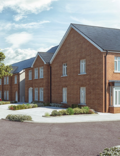 exterior view of houses cost rental with partially obscured road, front gardens, driveways and planting