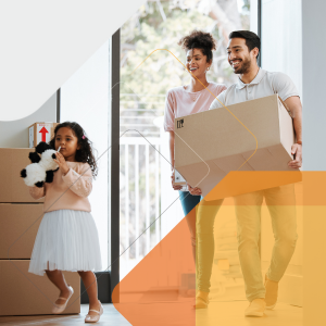 stock image of couple moving into home with child