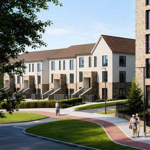 Exterior view of the homes and apartment building at Blessington Demesne, with footpaths and open green areas