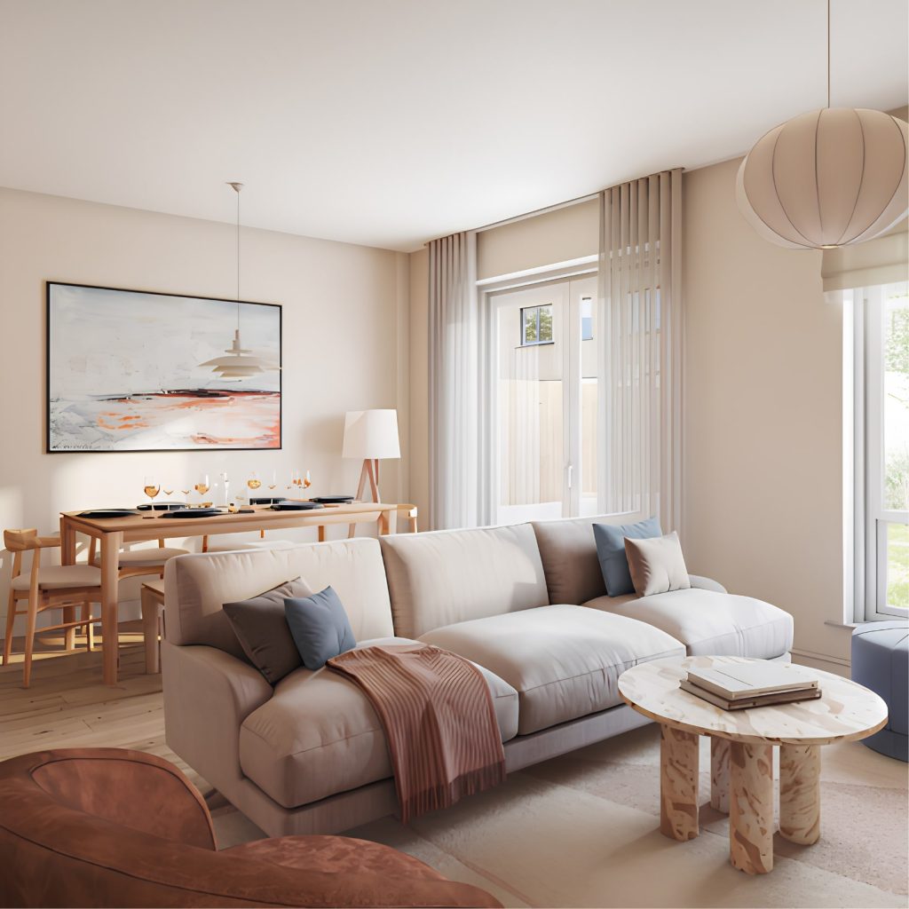 Open plan living and dining room in a home at Blessington Demesne, with a sofa, dining table and patio doors