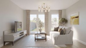 Living room in a home at Cornamaddy Court Phase 2, with a sofa, coffee table and French doors opening onto the rear garden