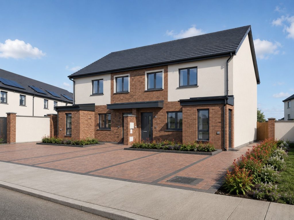 Exterior view of the one bedroom homes at Cornamaddy Court Phase 2, a pair of two storey buildings in brick and render, each with its own front door and paved driveway