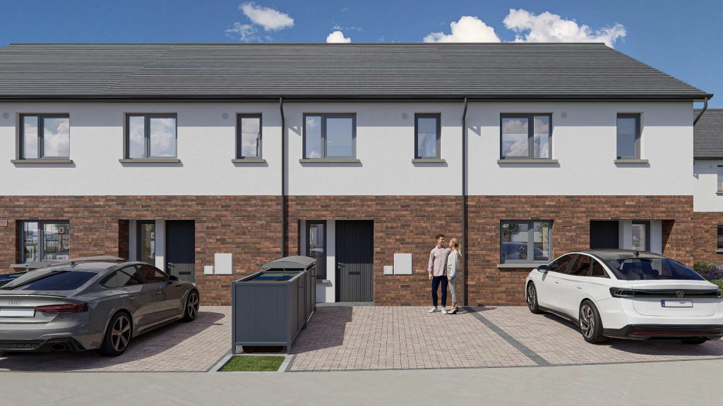Exterior view of the two bedroom terraced homes at Cornamaddy Court Phase 2, with brick and render fronts, grey windows and doors, and paved driveways