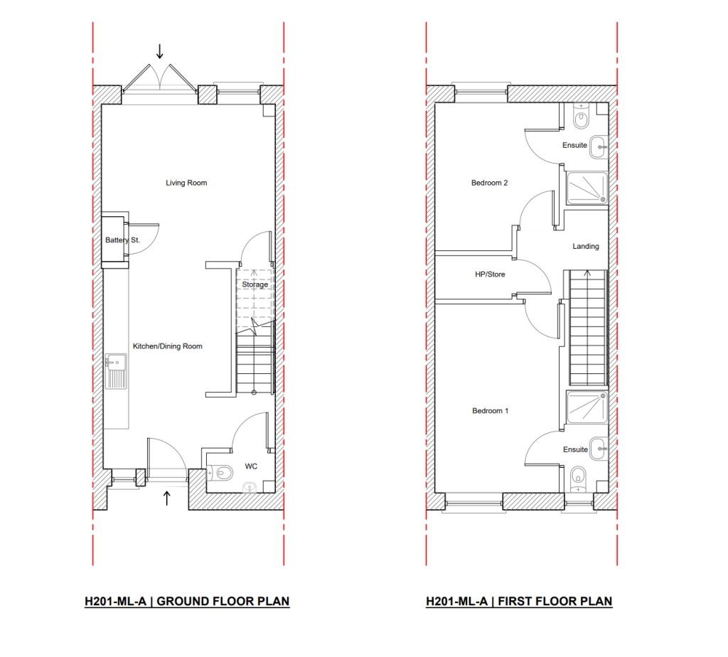Floor plan of the two bedroom house at Cornamaddy Court Phase 2, type H201-ML-A, showing the ground floor with living room, kitchen and dining room, WC and storage, and the first floor with two ensuite bedrooms and landing
