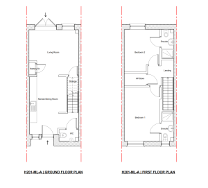 Floor plan of the two bedroom house at Cornamaddy Court Phase 2, type H201-ML-A, showing the ground floor with living room, kitchen and dining room, WC and storage, and the first floor with two ensuite bedrooms and landing