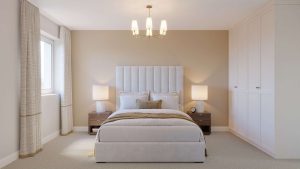 Bedroom in a home at Cornamaddy Court Phase 2, with a double bed, bedside lamps and fitted wardrobes