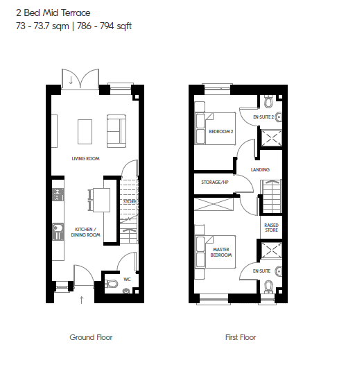 Floor plan for the two-bedroom mid-terrace house at Bennetstown, 73 to 73.7 square metres, showing the ground floor living room, kitchen and dining room and WC, and the first floor with the master bedroom, second bedroom, two en-suites, landing and storage.