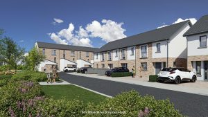 Computer-generated street view of Bennetstown showing a terrace of two-storey homes, landscaped green space, planting and parked cars.