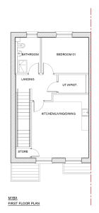 Floor plan of the first floor one bedroom home at Cornamaddy Court Phase 2, showing kitchen, living and dining room, bathroom, bedroom, landing and store