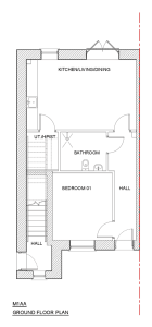 Floor plan of the ground floor one bedroom home at Cornamaddy Court Phase 2, showing kitchen, living and dining room, bathroom, bedroom and hall
