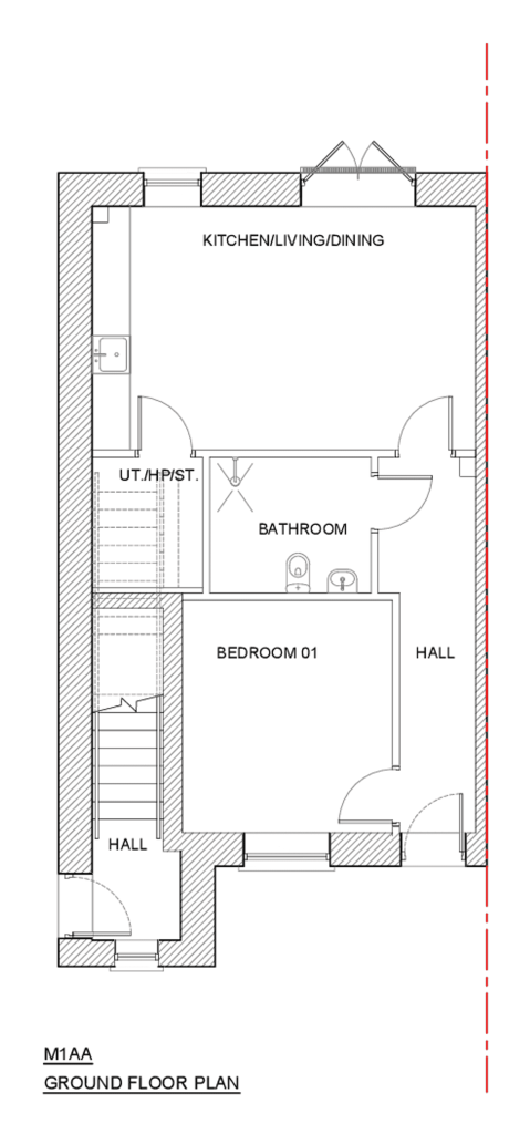 Floor plan of the ground floor one bedroom home at Cornamaddy Court Phase 2, showing kitchen, living and dining room, bathroom, bedroom and hall