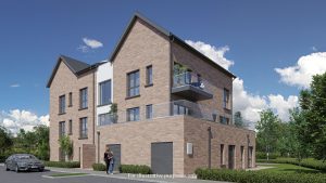 Corner view of the three storey brick duplex apartment building at Millers Glen, with pitched gables, glass-fronted balconies and landscaped planting