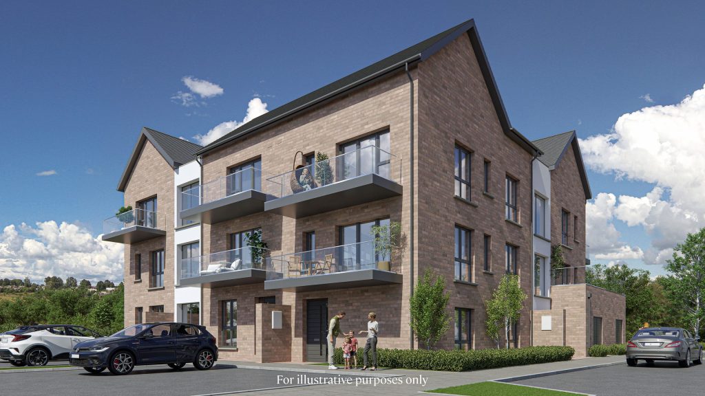 Front view of the brick duplex apartment building at Millers Glen, with balconies on each floor, residents walking outside and cars parked on the street