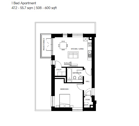 Architect floor plan for the 1 bed apartment at Millers Glen, Swords