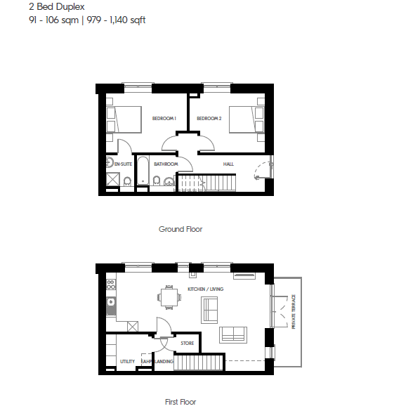 Architect floor plan for the 2 bed duplex at Millers Glen, Swords, ground and first floor