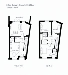 Architect floor plan for the 3 bed duplex at Millers Glen, Swords, ground and first floor