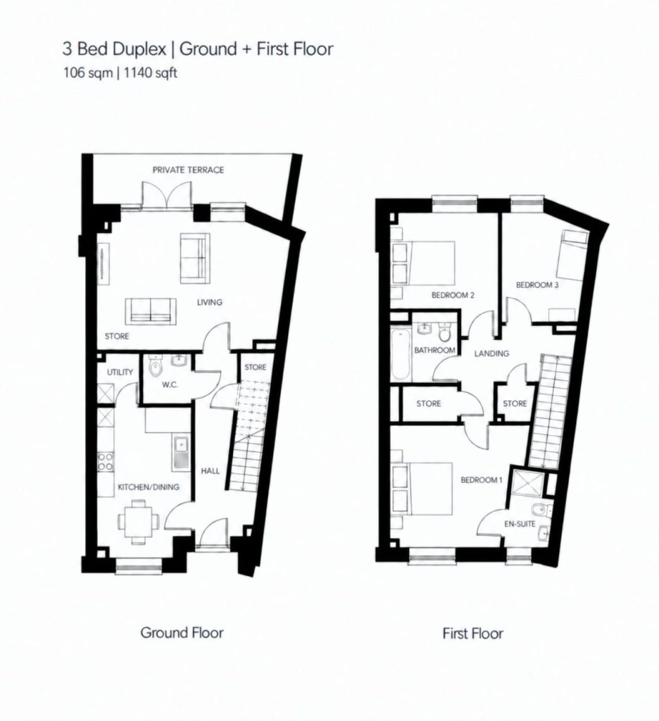 Architect floor plan for the 3 bed duplex at Millers Glen, Swords, ground and first floor