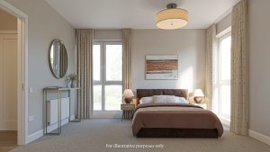 Bedroom in a home at Millers Glen, with a double bed, bedside lamps, a round mirror and a full height window