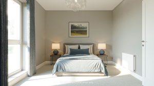 Bedroom in a home at Millers Glen, with a double bed, bedside lamps and a large window