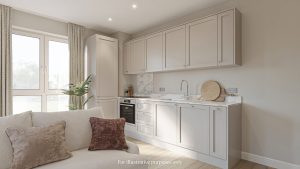 Kitchen in a home at Millers Glen, with fitted units, oven and hob, and a sofa in the foreground beside a full height window