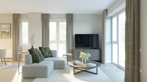 Living room in a home at Millers Glen, with a corner sofa, coffee table, television and tall windows