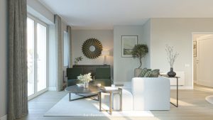 Living room in a home at Millers Glen, with a sofa, armchair, round mirror and glazed doors