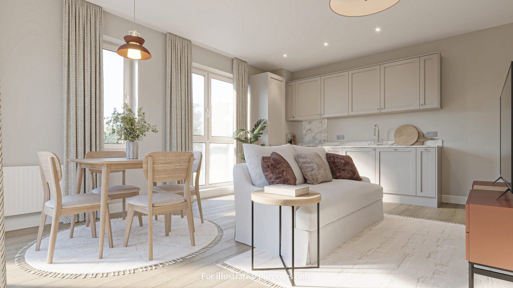 Open plan kitchen, living and dining room in a home at Millers Glen, with a sofa, dining table and chairs, and tall windows