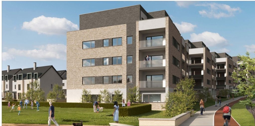 CGI of an apartment block at Grange Oaks with residents on the adjoining green space