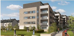 CGI of an apartment block at Grange Oaks with residents on the adjoining green space