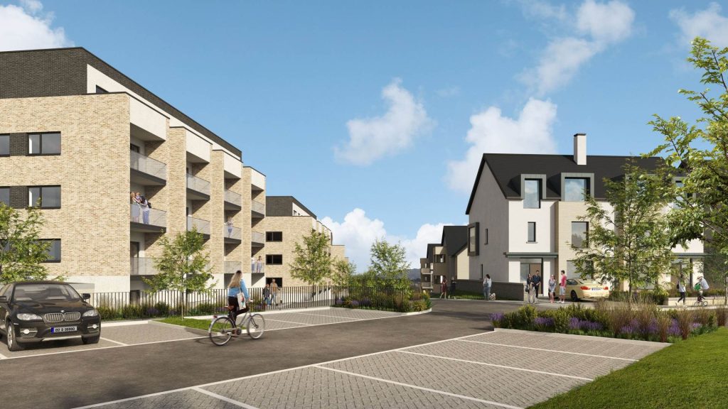 CGI of the apartment blocks and courtyard parking at Grange Oaks, Kilternan, Dublin 18