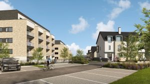 CGI of the apartment blocks and courtyard parking at Grange Oaks, Kilternan, Dublin 18