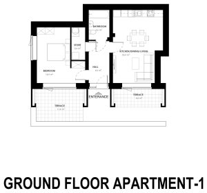 Architect floor plan for the 1 bed apartment at Grange Oaks, Ground Floor, Apartment 1